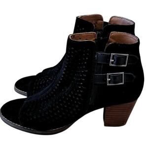 Vionic Women's Chryssa Open Toe Suede Heeled Ankle Booties Boots 6 Black Zip